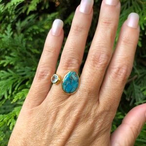 New! Genuine Blue Topaz & Turquoise Bezel Set Ring